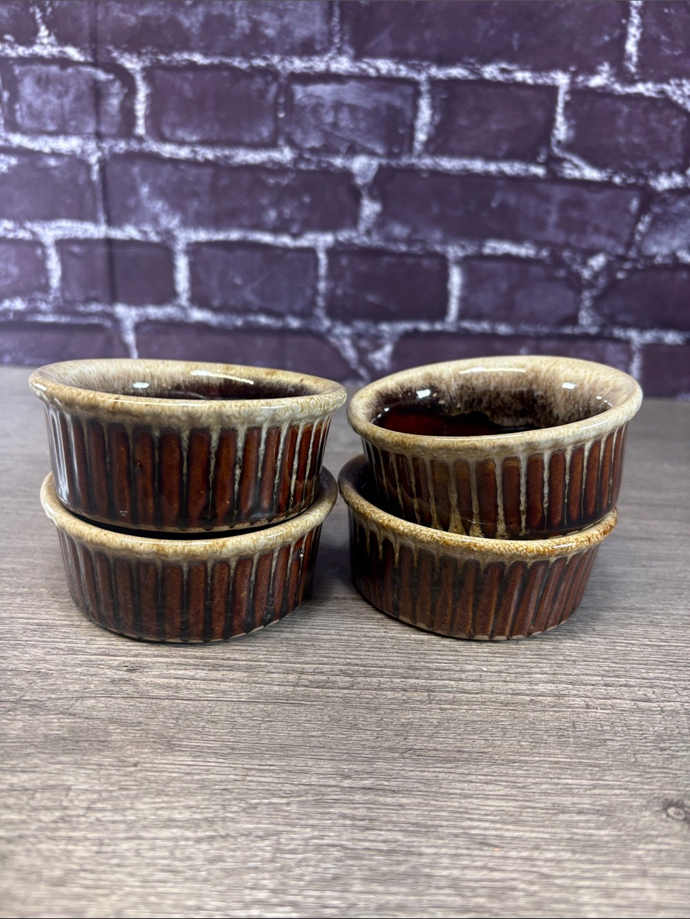 Vintage Brown Drip Glazed Ceramic Ramekins - Set of 4